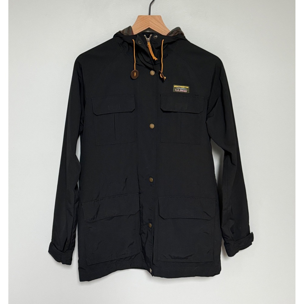 LL Bean Women Mountain Classic Field Jacket Black Flannel Lined Hooded Small Reg